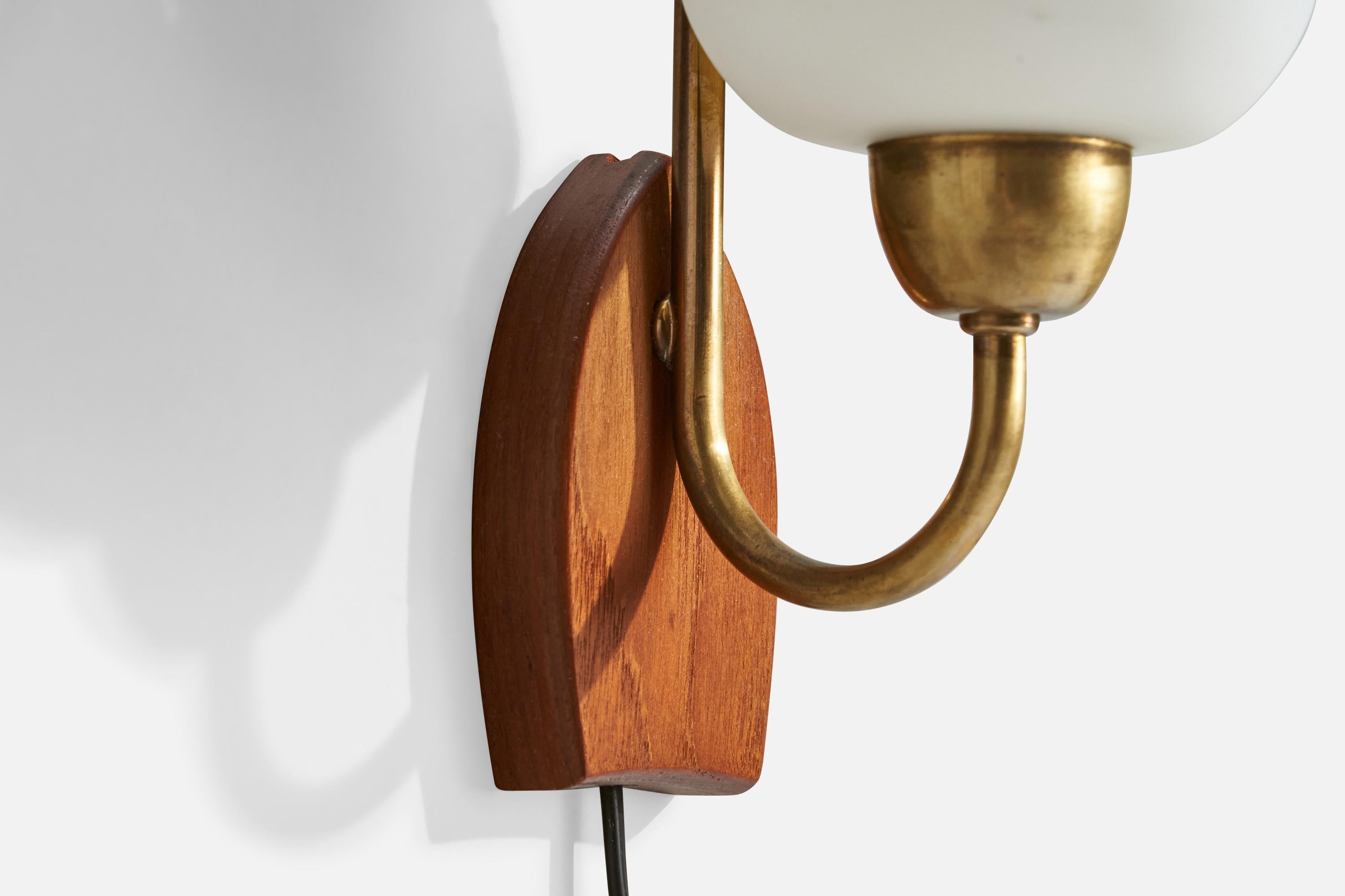 Mid-20th Century Swedish Designer, Wall Light, Brass, Teak, Glass, Sweden, 1950s For Sale