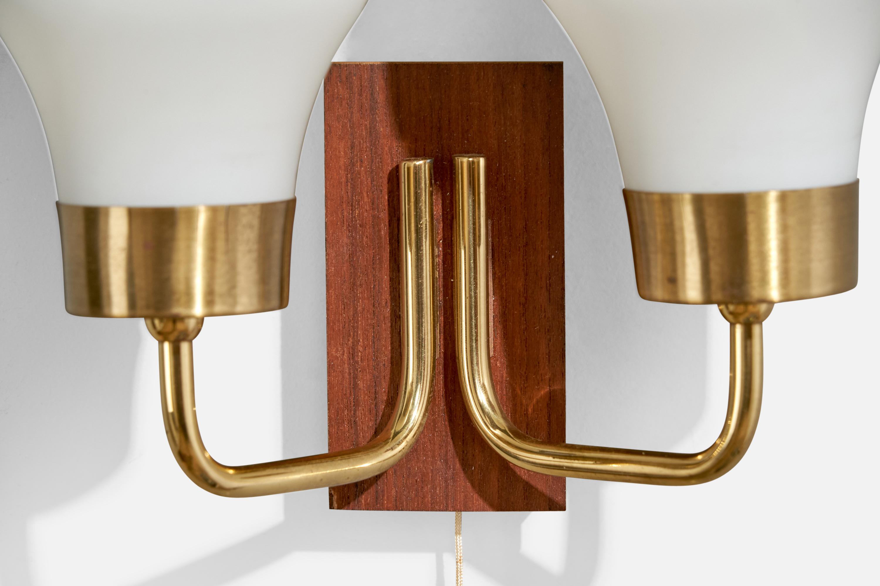 Mid-20th Century Swedish Designer, Wall Light, Brass, Teak, Glass, Sweden, 1950s For Sale