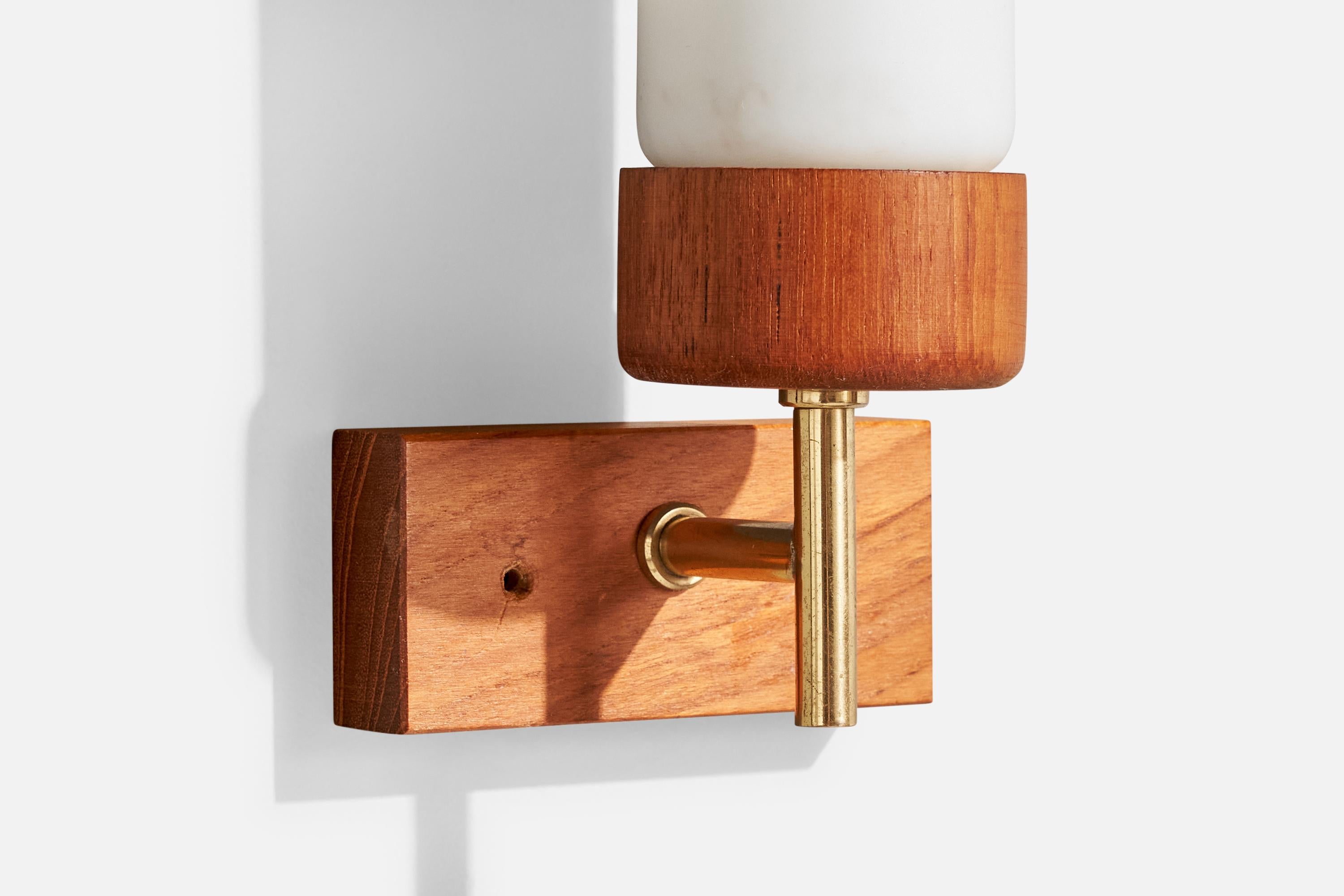 Mid-20th Century Swedish Designer, Wall Light, Brass, Teak, Glass, Sweden, 1950s For Sale