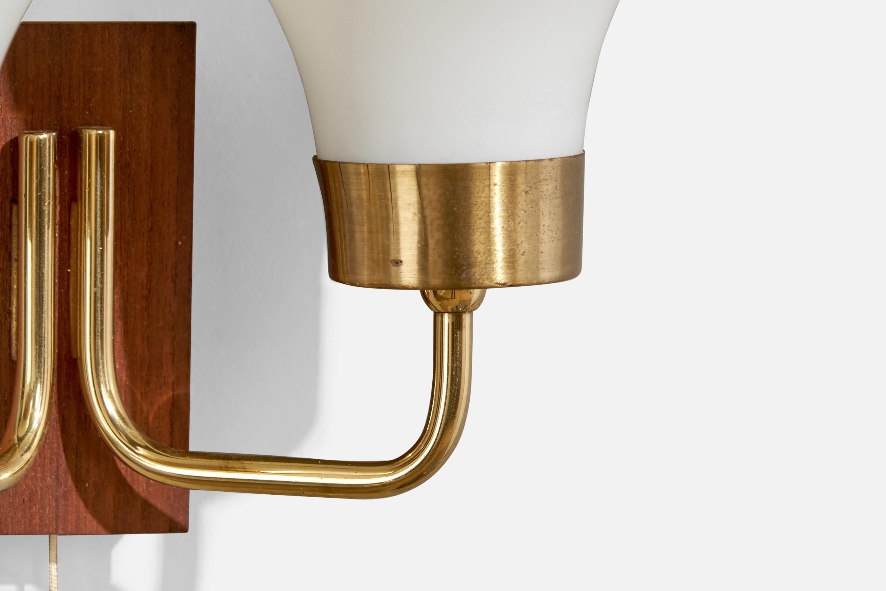 Swedish Designer, Wall Light, Brass, Teak, Glass, Sweden, 1950s For Sale 1