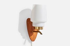 Swedish Designer, Wall Light, Brass, Teak, Glass, Sweden, 1970s