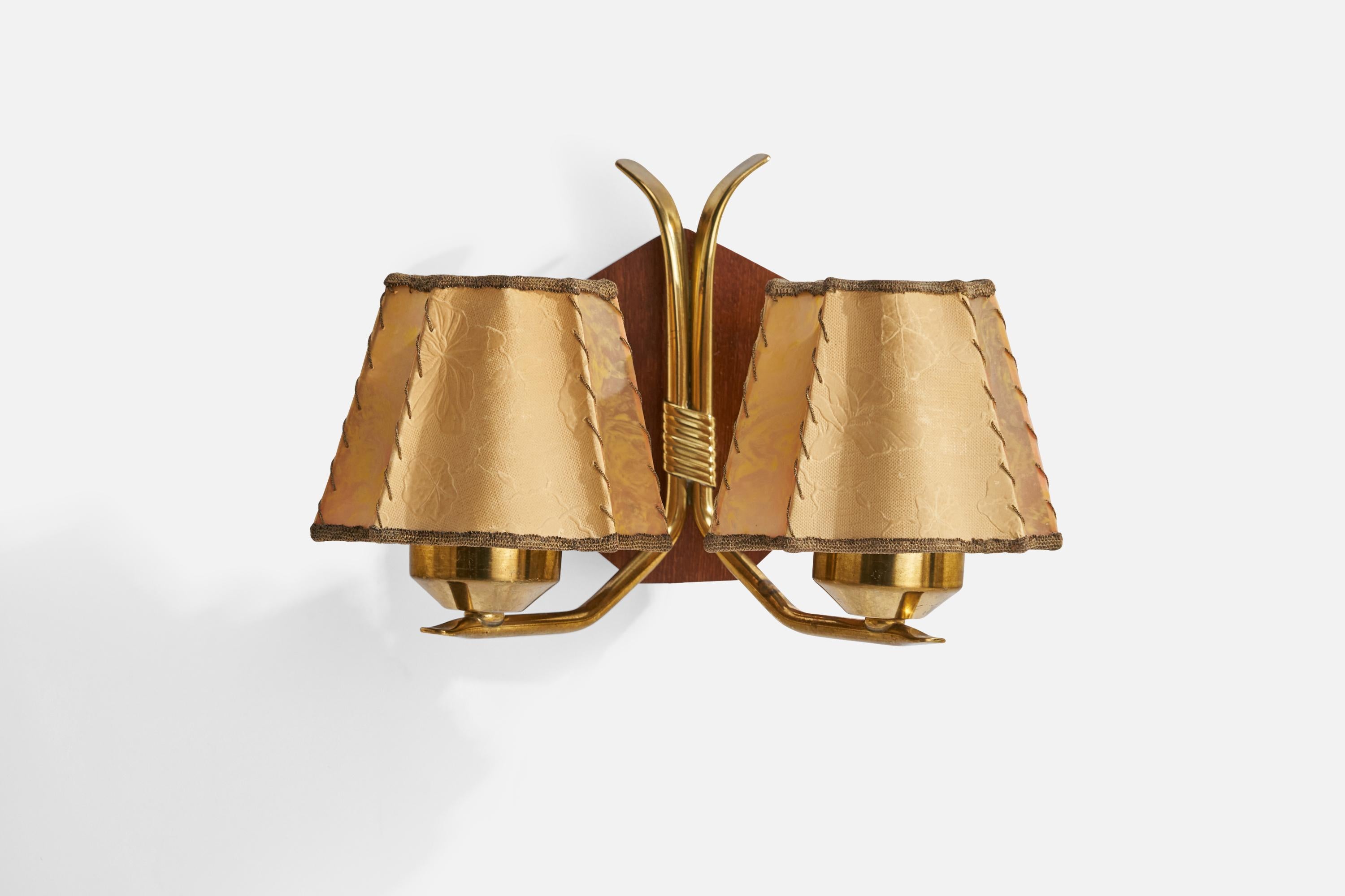 A brass, teak and beige parchment paper wall light designed and produced in Sweden, c. 1950s.

Overall Dimensions (inches): 6” H x 9.25” W x 6.5” D
Back Plate Dimensions (inches): 2.5” H x 2.5” W x .75”  D
Bulb Specifications: E-14 Bulb
Number of