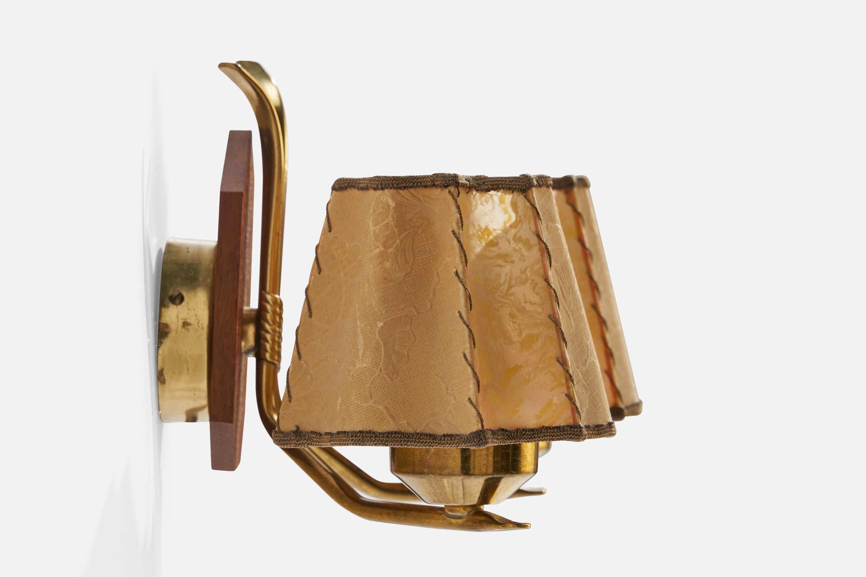 Swedish Designer, Wall Light, Brass, Teak, Parchment Paper, Sweden, 1950s In Good Condition For Sale In High Point, NC