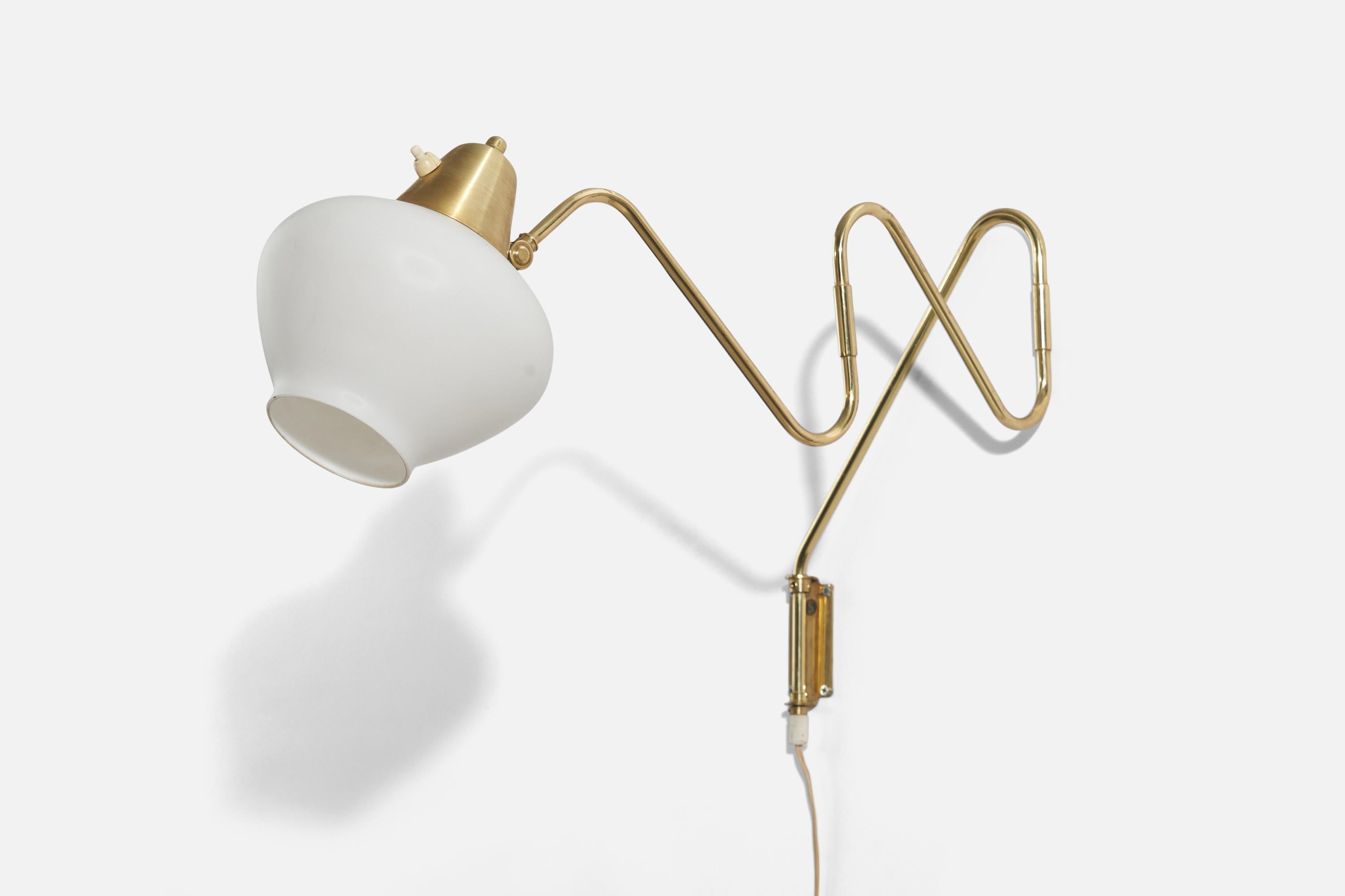 Mid-Century Modern Swedish Designer, Wall Light, Brass, White Glass, Sweden, 1970s For Sale
