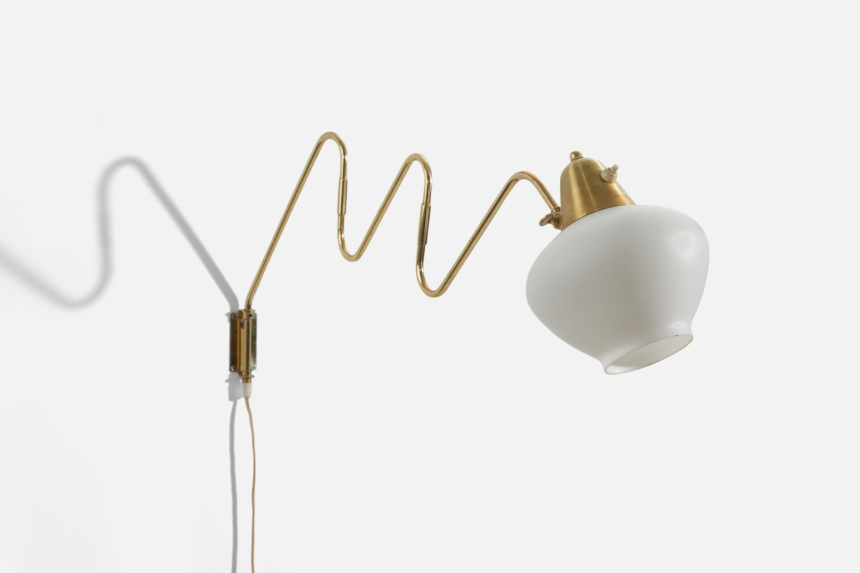 Late 20th Century Swedish Designer, Wall Light, Brass, White Glass, Sweden, 1970s For Sale