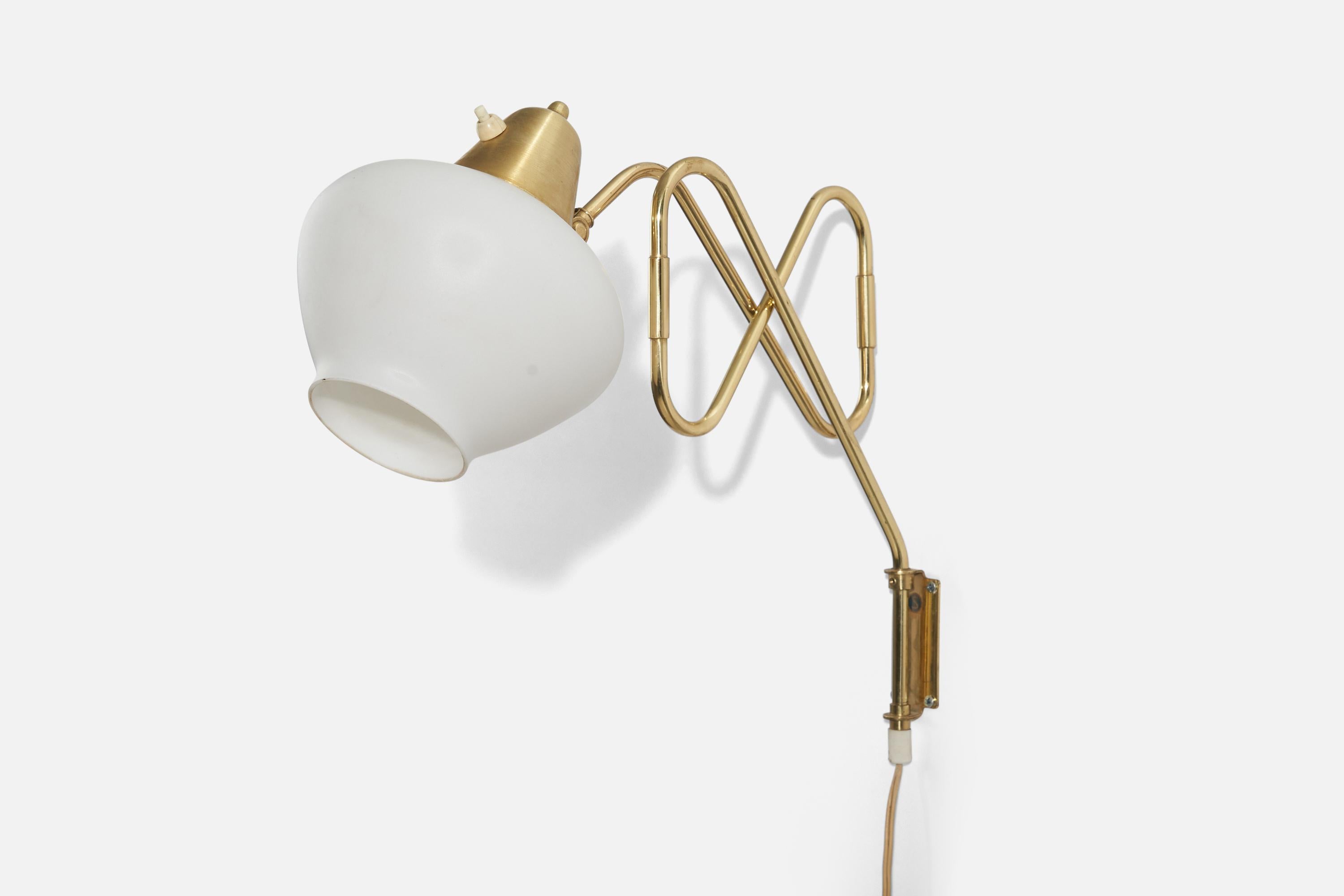 Swedish Designer, Wall Light, Brass, White Glass, Sweden, 1970s For Sale 1