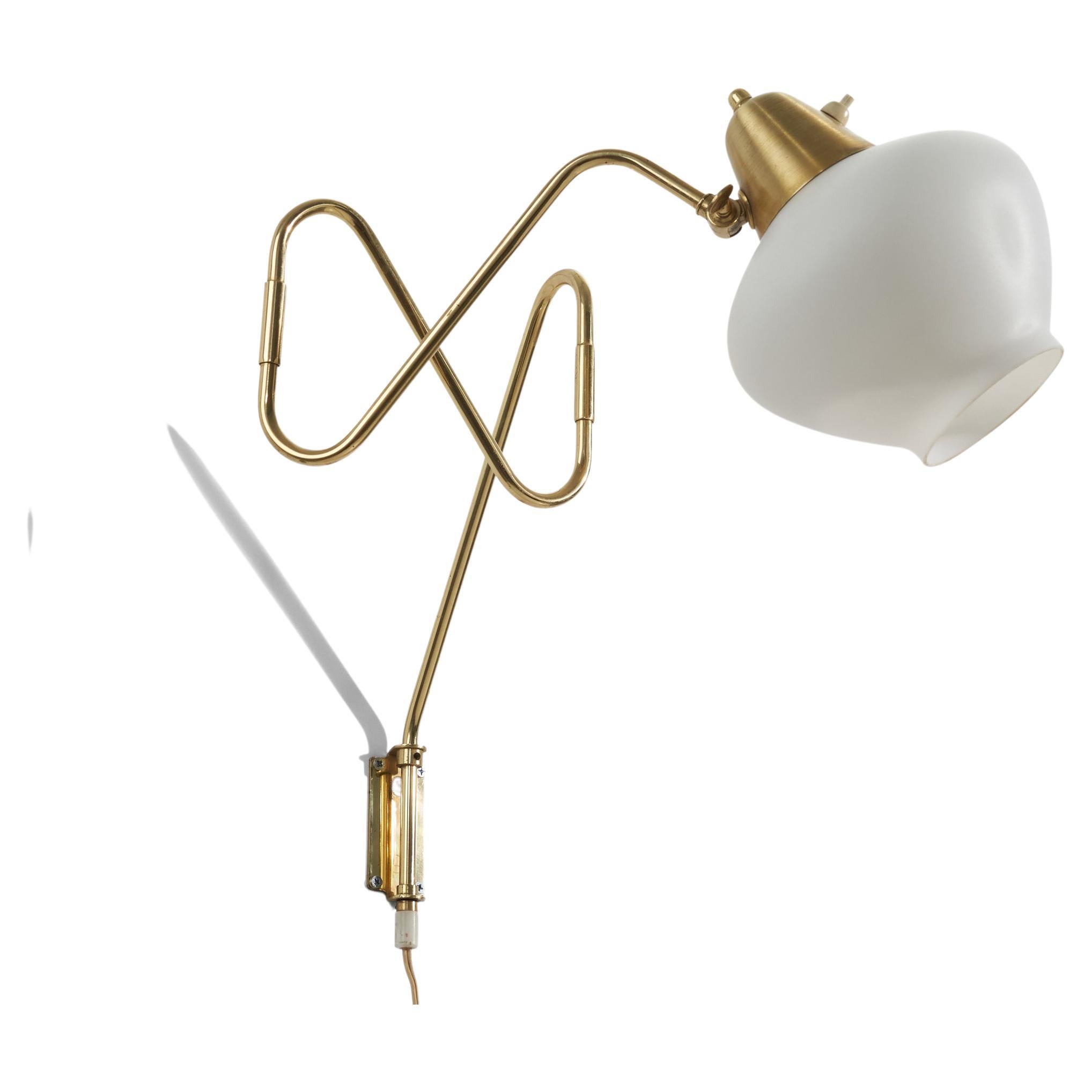 Swedish Designer, Wall Light, Brass, White Glass, Sweden, 1970s For Sale