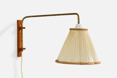 Swedish Designer, Wall Light, Brass, Wood, Fabric, Sweden, 1940s