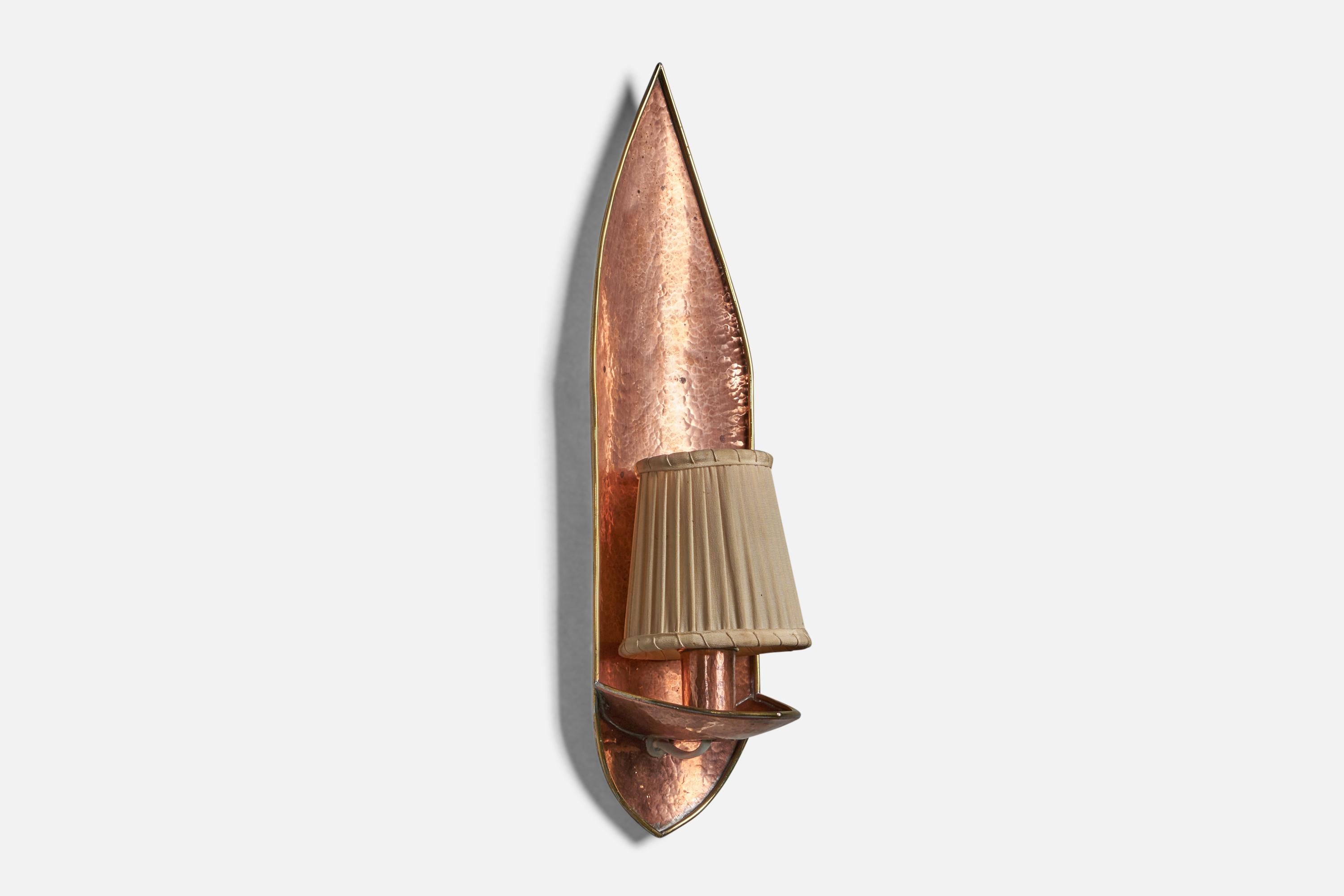 Swedish Designer, Wall Light, Copper, Fabric, Sweden, 1950s In Good Condition For Sale In High Point, NC