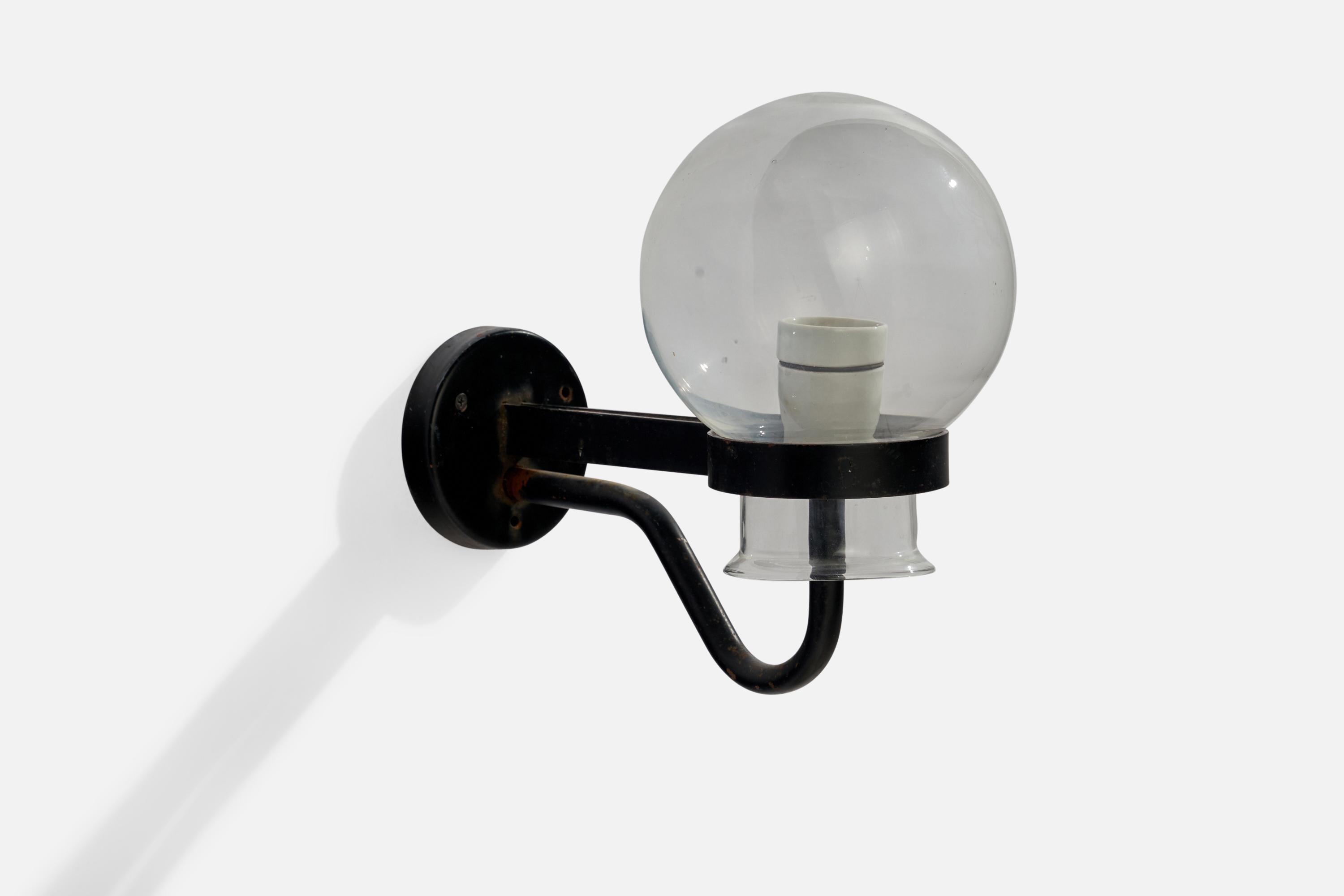 A blown glass and black-painted copper wall light designed and produced in Sweden, 1940s.

Overall Dimensions (inches): 11” H x 7” W x 13” D
Back Plate Dimensions (inches): 4.25” H x 4.25”  W x .75” D
Bulb Specifications: E-26 Bulb
Number of