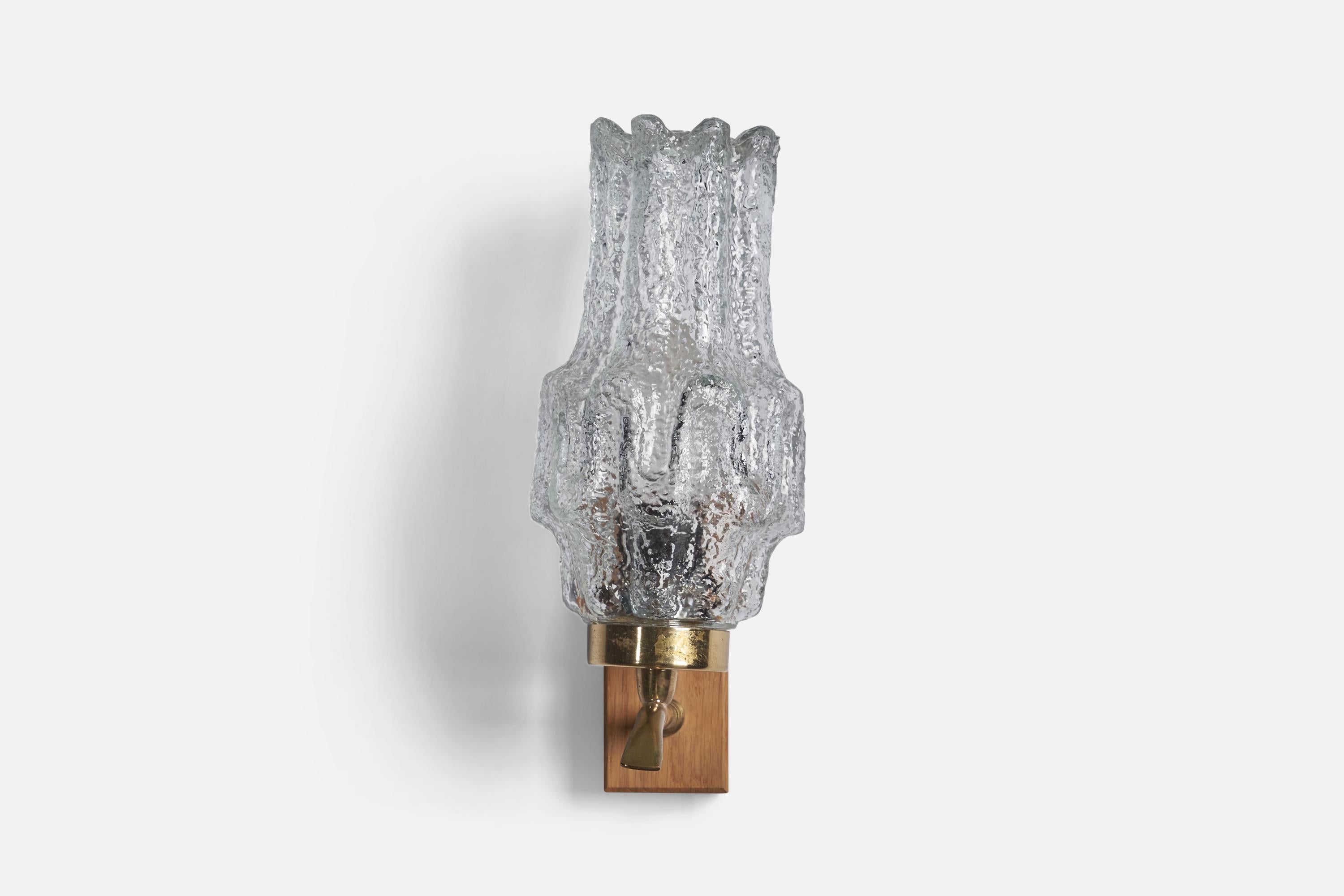 Mid-Century Modern Swedish Designer, Wall Light, Glass, Brass, Oak, Sweden, 1960s For Sale