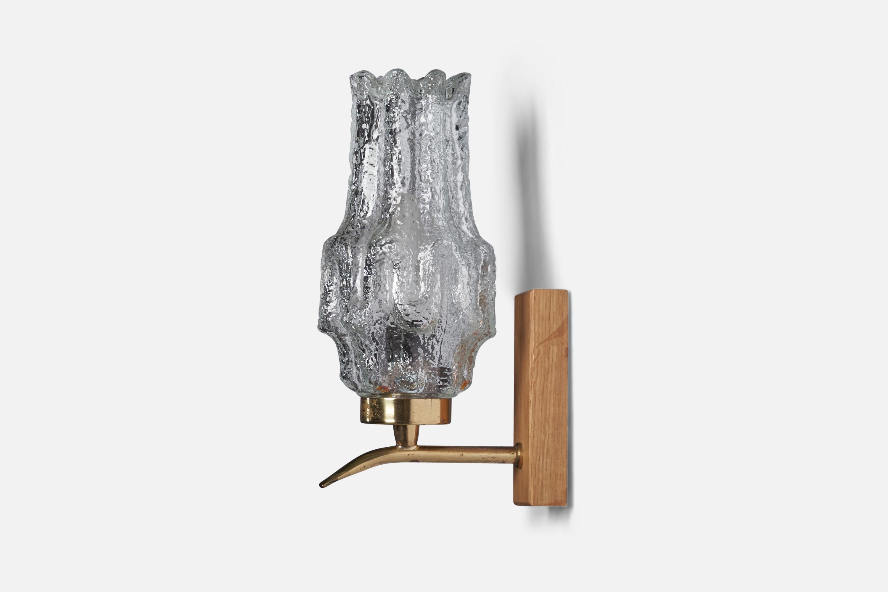 Mid-20th Century Swedish Designer, Wall Light, Glass, Brass, Oak, Sweden, 1960s For Sale