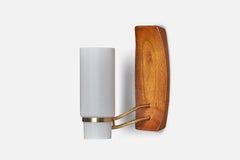 Swedish Designer, Wall Light, Oak, Brass, Glass, Sweden, 1950s