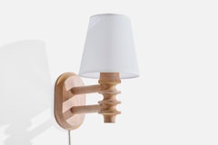 Schwedische Designerin, Wandleuchte, Kiefernholz, Stoff, Schweden, 1970er Jahre