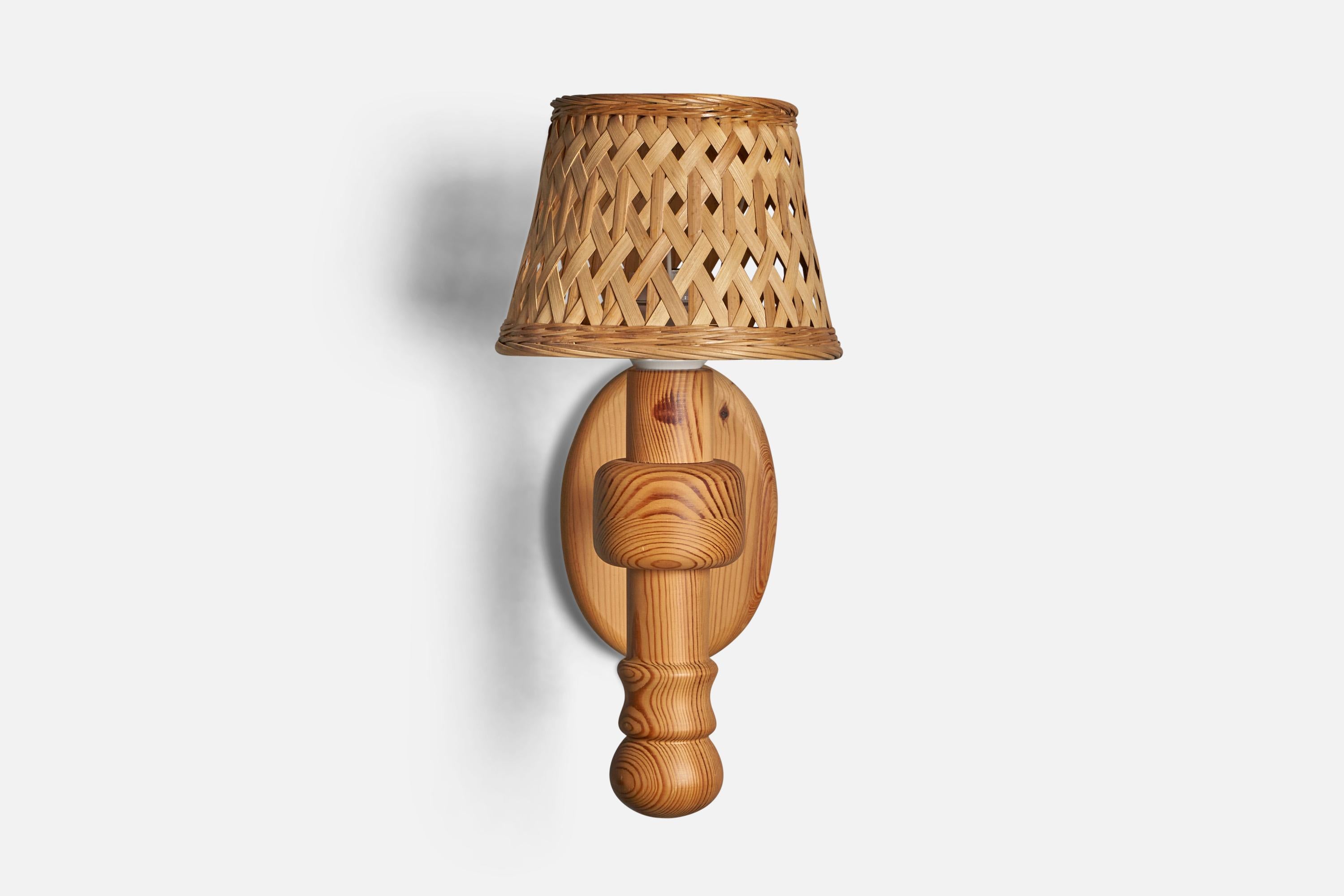 Post-Modern Swedish Designer, Wall Light, Pine, Rattan, Sweden, 1970s For Sale