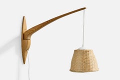 Swedish Designer, Wall Light, Pine, Rattan, Sweden, 1970s