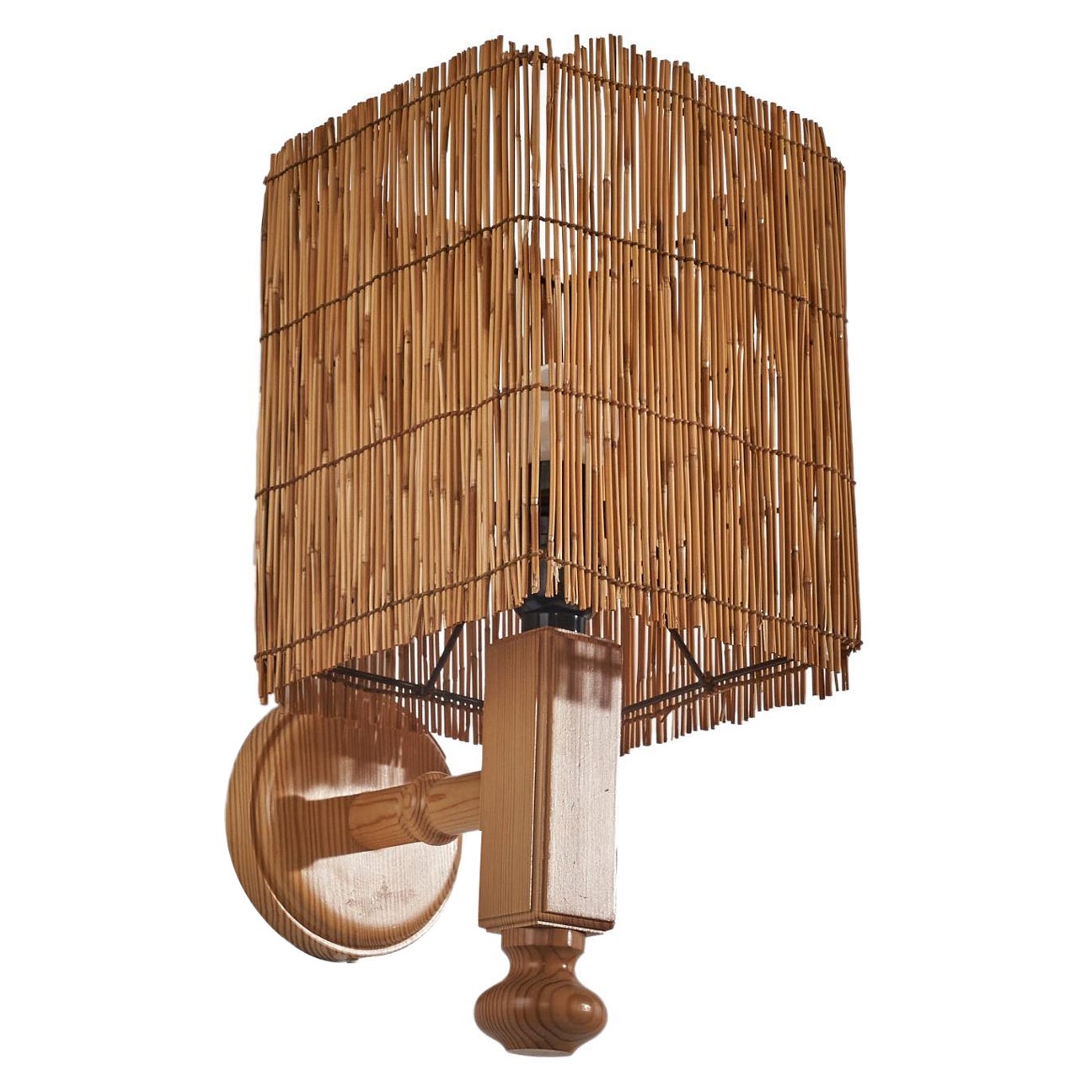 Swedish Designer, Wall Light, Pine, Rattan, Sweden, c. 1970s For Sale