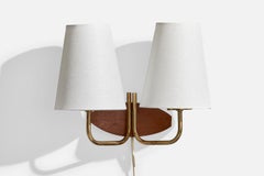 Swedish Designer, Wall Light, Teak, Brass, Fabric, Sweden, 1950s