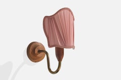 Swedish Designer, Wall Light, Teak, Brass, Fabric, Sweden, 1950s