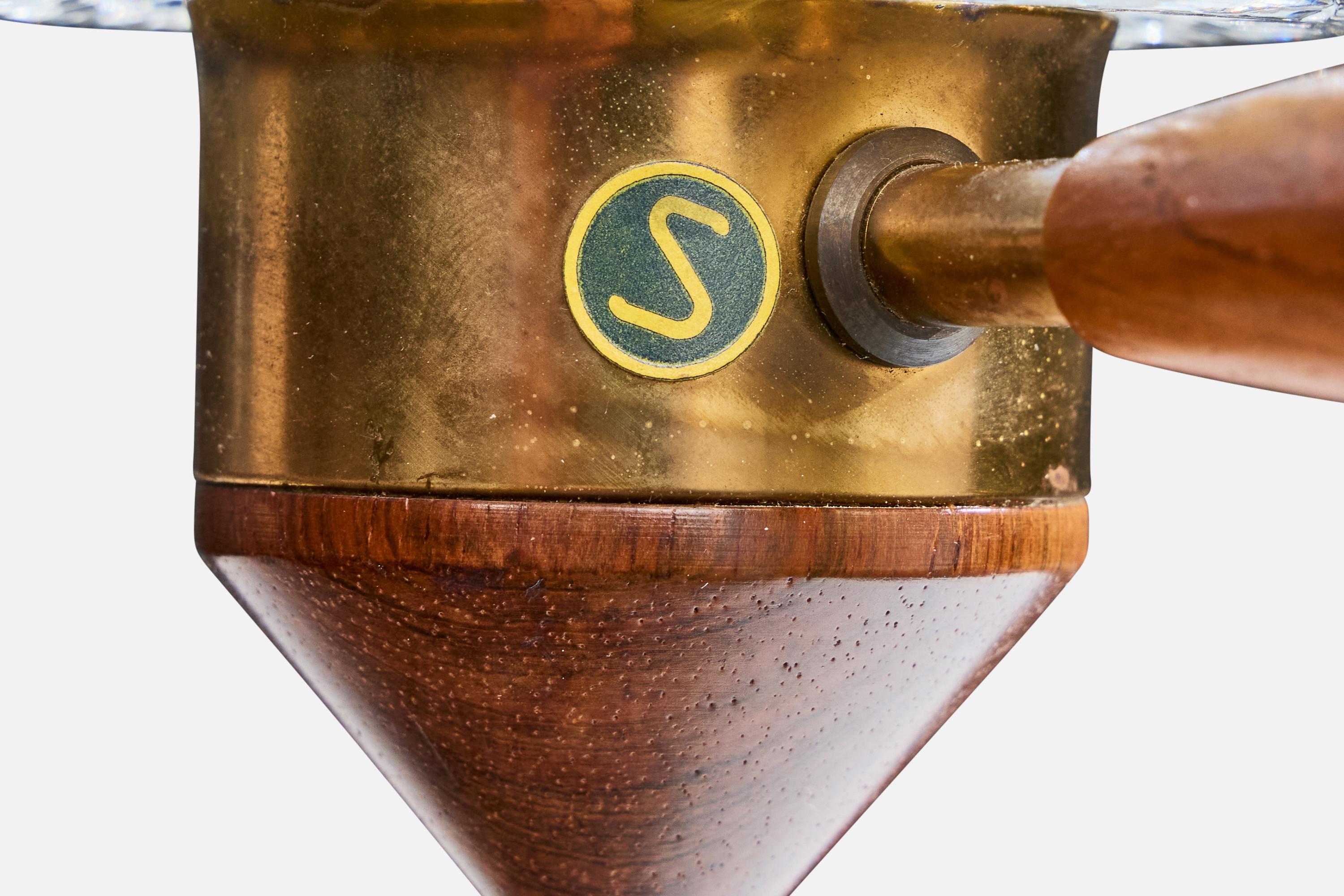Lampada da parete di design svedese, teak, ottone, vetro, Svezia, anni '50 in vendita 4