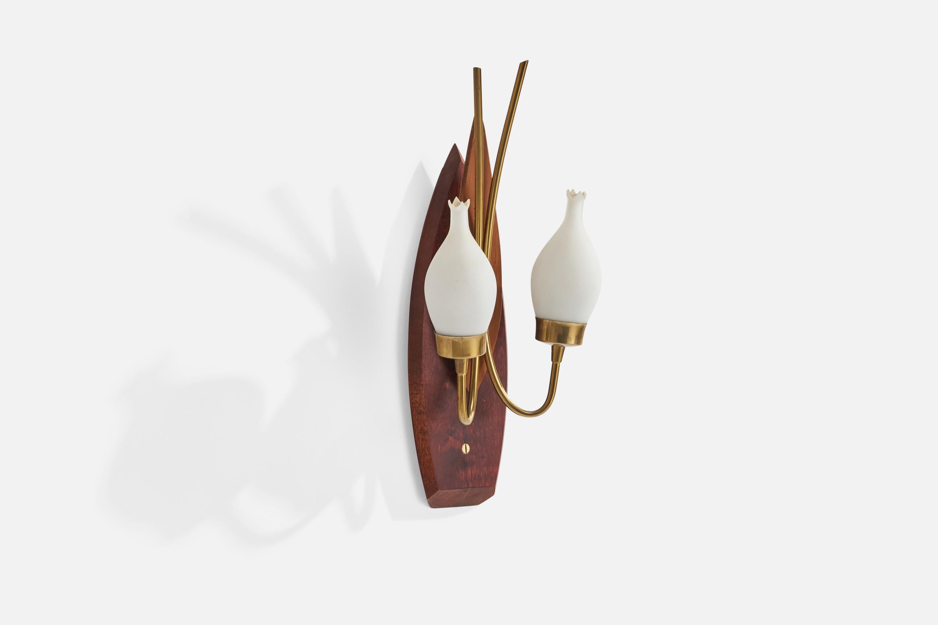 A teak, brass and opaline glass wall light designed and produced in Sweden, 1950s.

Overall Dimensions (inches): 17”  H x 7.5”  W x 5.5” D
Back Plate Dimensions (inches): 13.5” H x 4.5” W x 1.0”  D
Bulb Specifications: E-14 Bulb
Number of Sockets:
