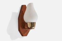 Swedish Designer, Wall Light, Teak, Brass, Glass, Sweden, 1950s