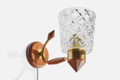 Swedish Designer, Wall Light, Teak, Brass, Glass, Sweden, 1950s
