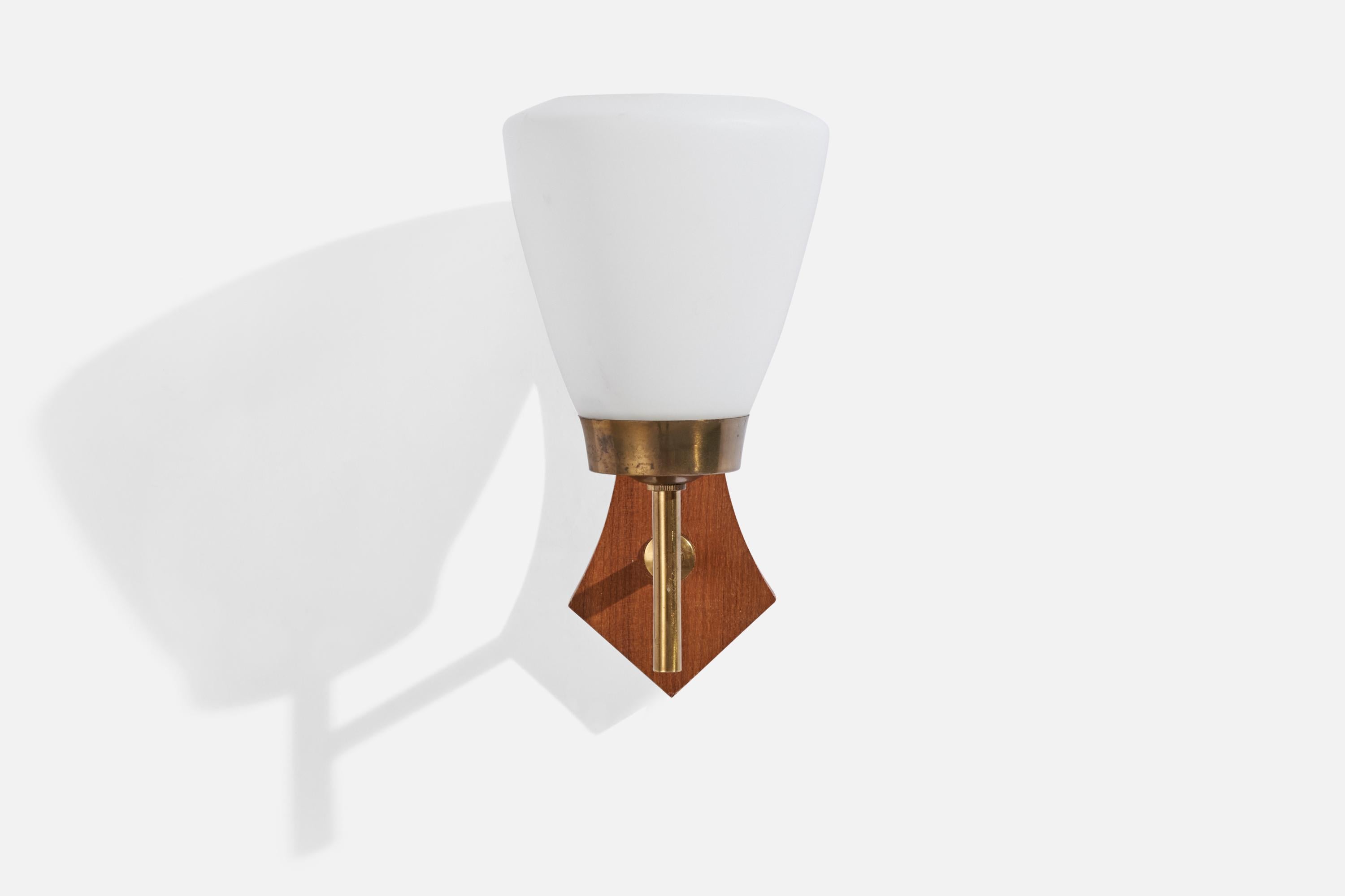 Mid-Century Modern Swedish Designer, Wall Light, Teak, Brass, Glass, Sweden, 1950s For Sale