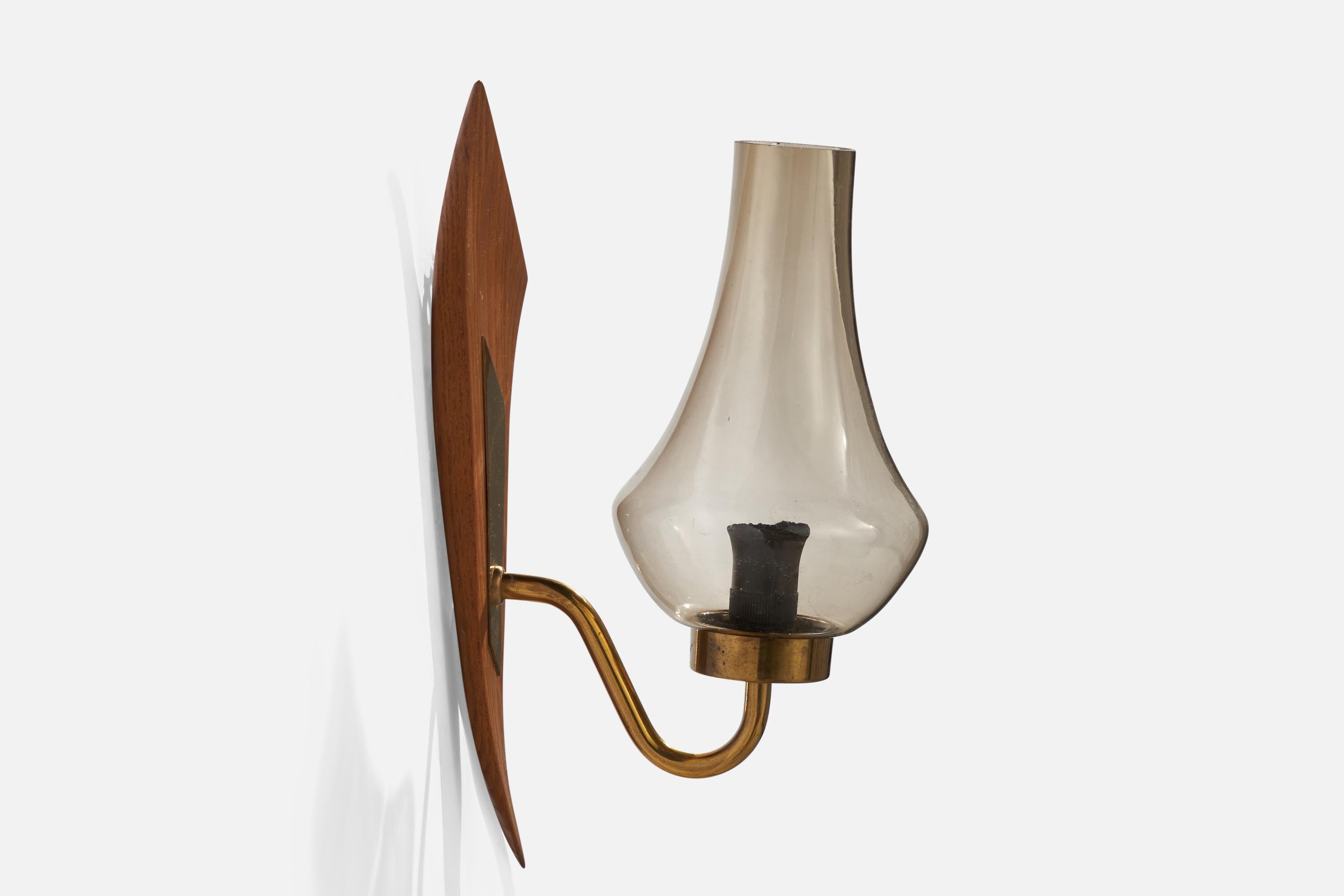 Mid-20th Century Swedish Designer, Wall Light, Teak, Brass, Glass, Sweden, 1950s For Sale