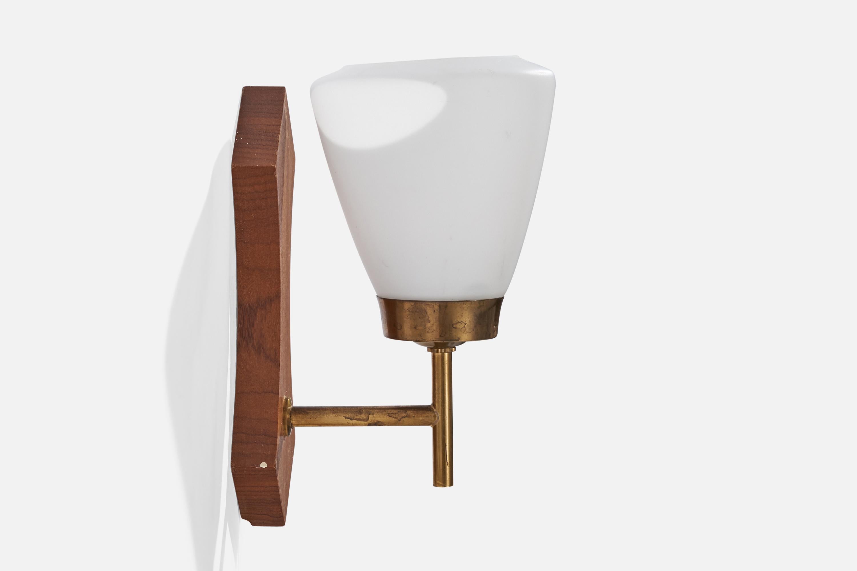 Mid-20th Century Swedish Designer, Wall Light, Teak, Brass, Glass, Sweden, 1950s For Sale