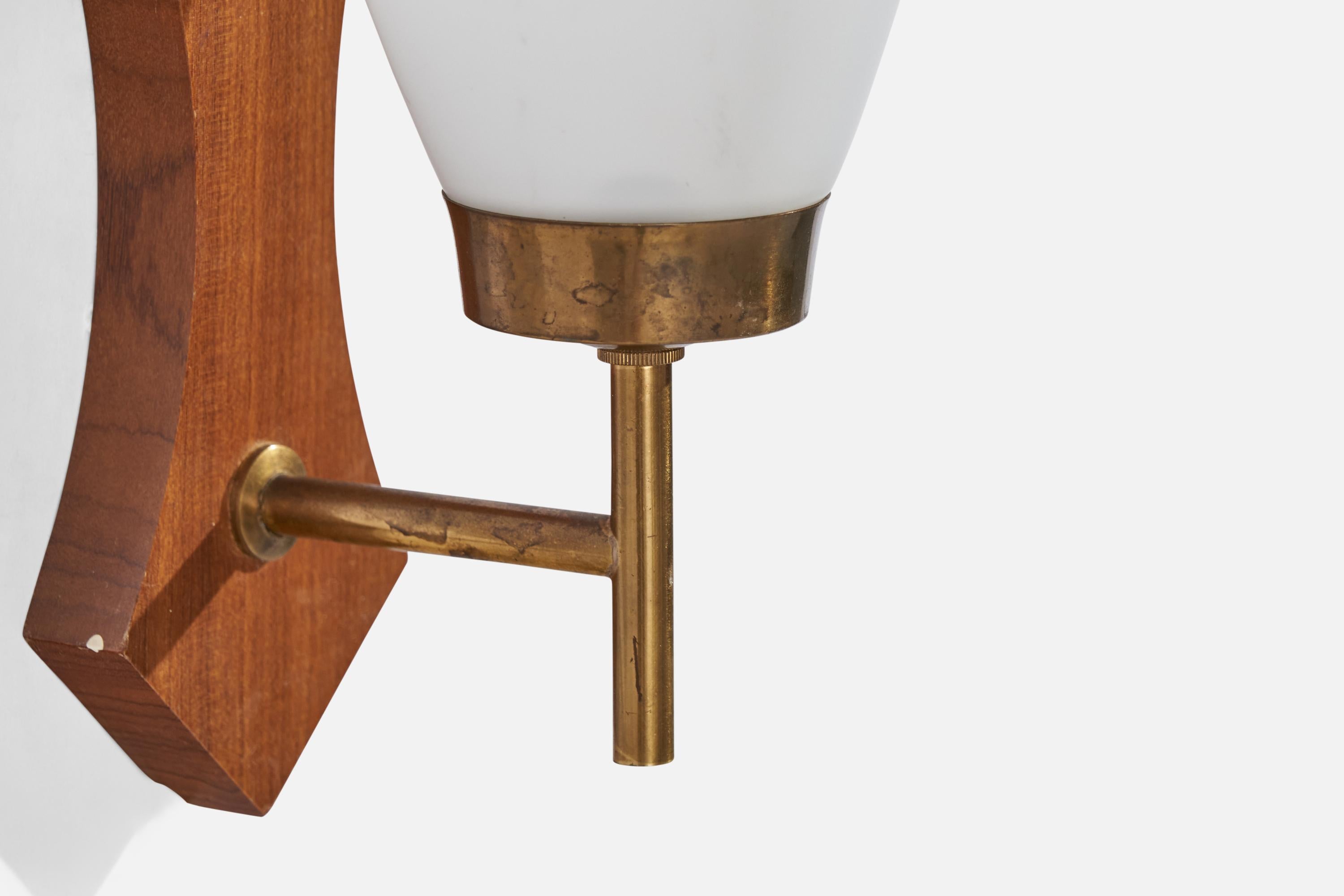 Swedish Designer, Wall Light, Teak, Brass, Glass, Sweden, 1950s For Sale 1