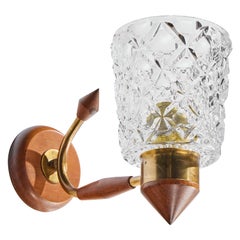 Swedish Designer, Wall Light, Teak, Brass, Glass, Sweden, 1950s