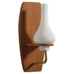 Swedish Designer, Wall Light, Teak, Brass, Glass, Sweden, 1950s