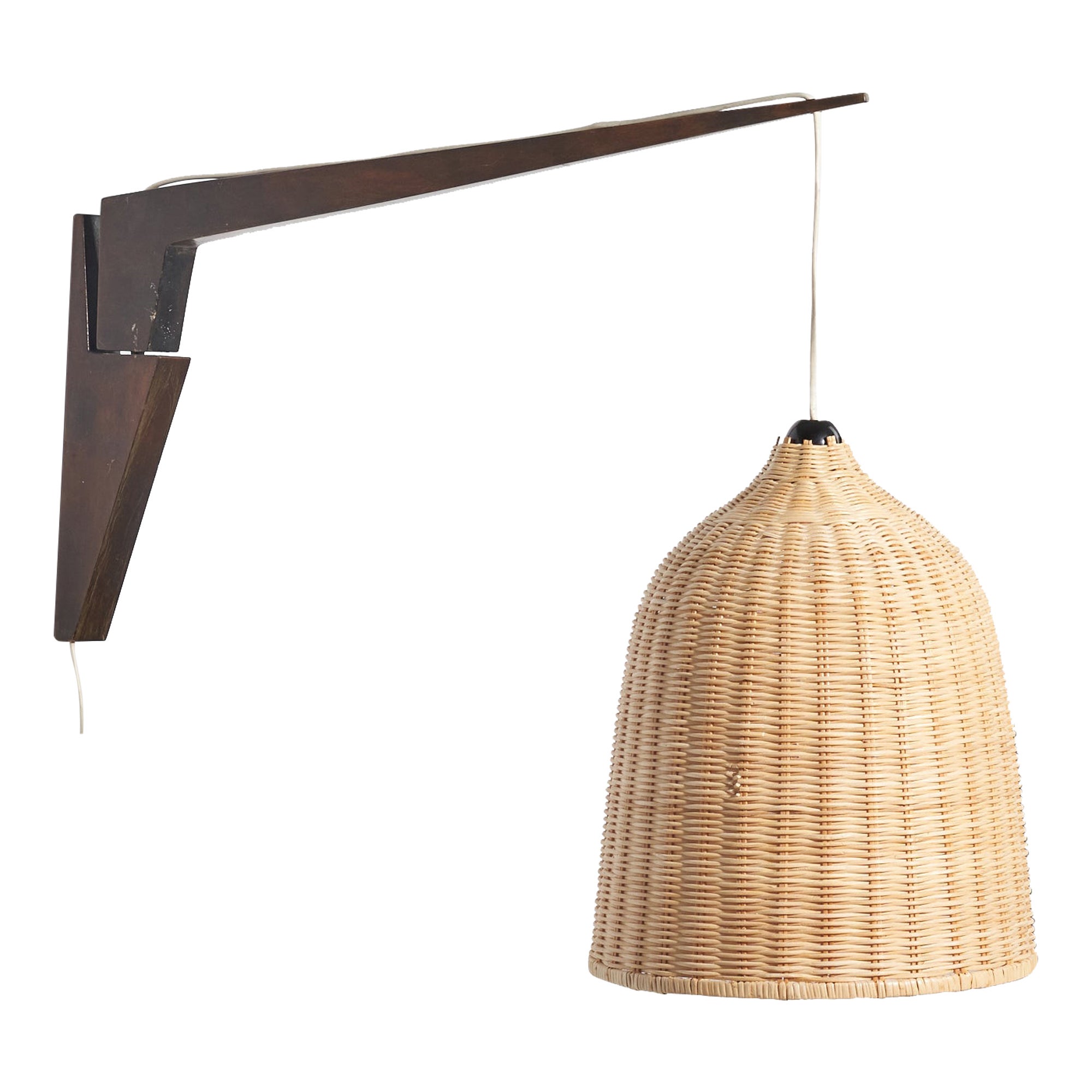Swedish Designer, Wall Light, Teak, Rattan, Sweden, c. 1950s For Sale