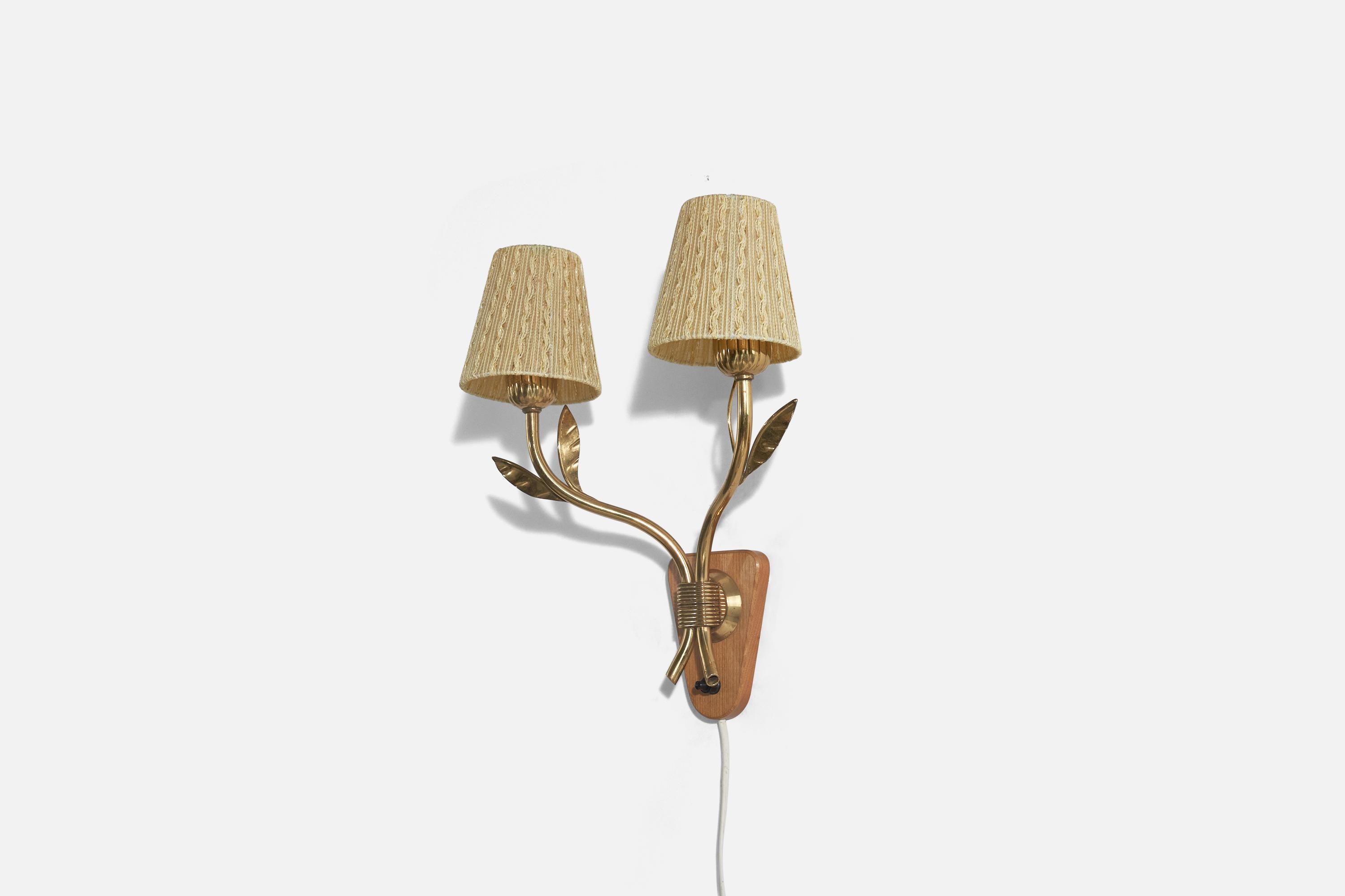 Mid-Century Modern Swedish Designer, Wall Light, Wood, Brass, Fabric, Sweden, c. 1940s For Sale