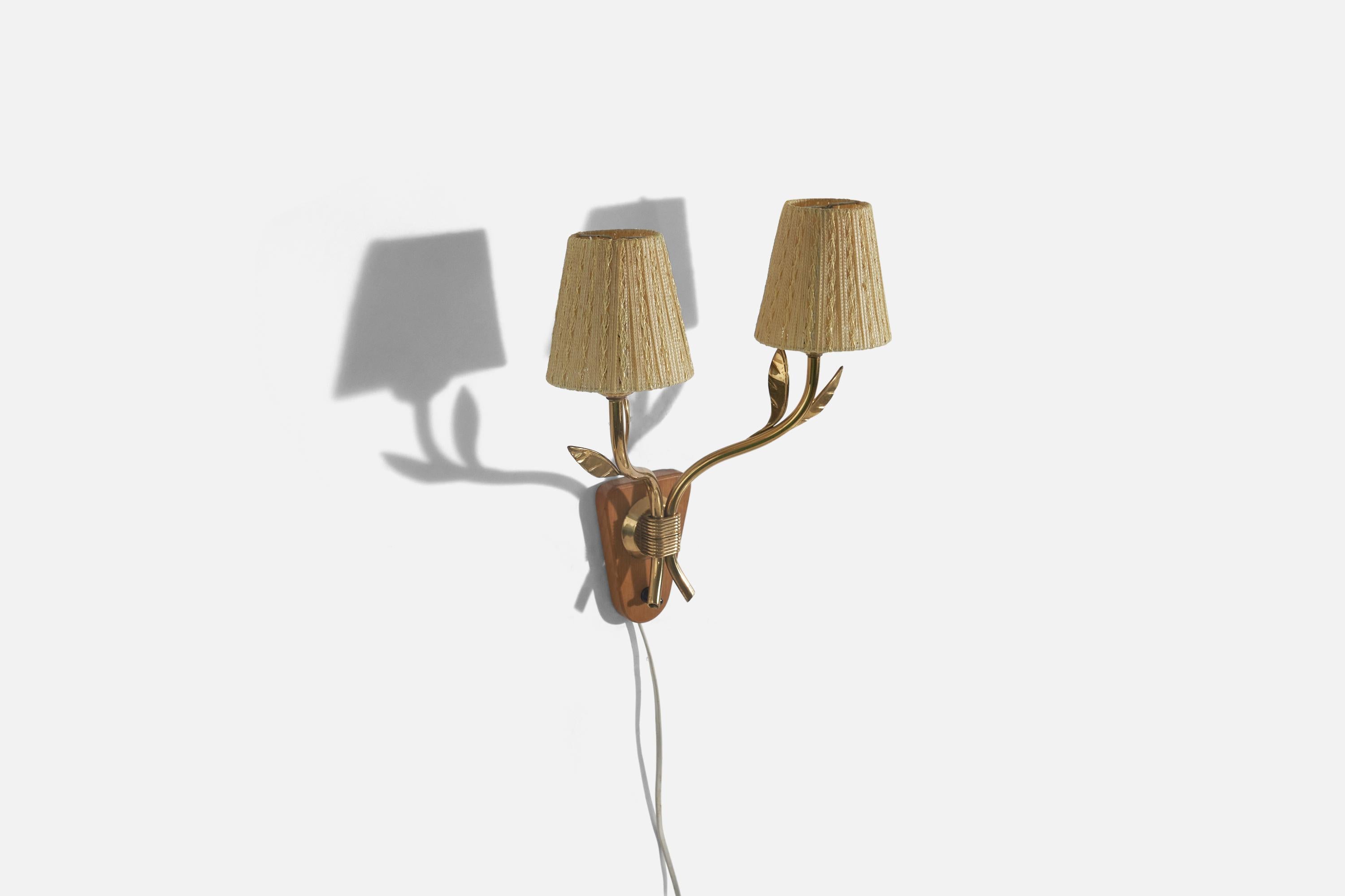 Mid-20th Century Swedish Designer, Wall Light, Wood, Brass, Fabric, Sweden, c. 1940s For Sale