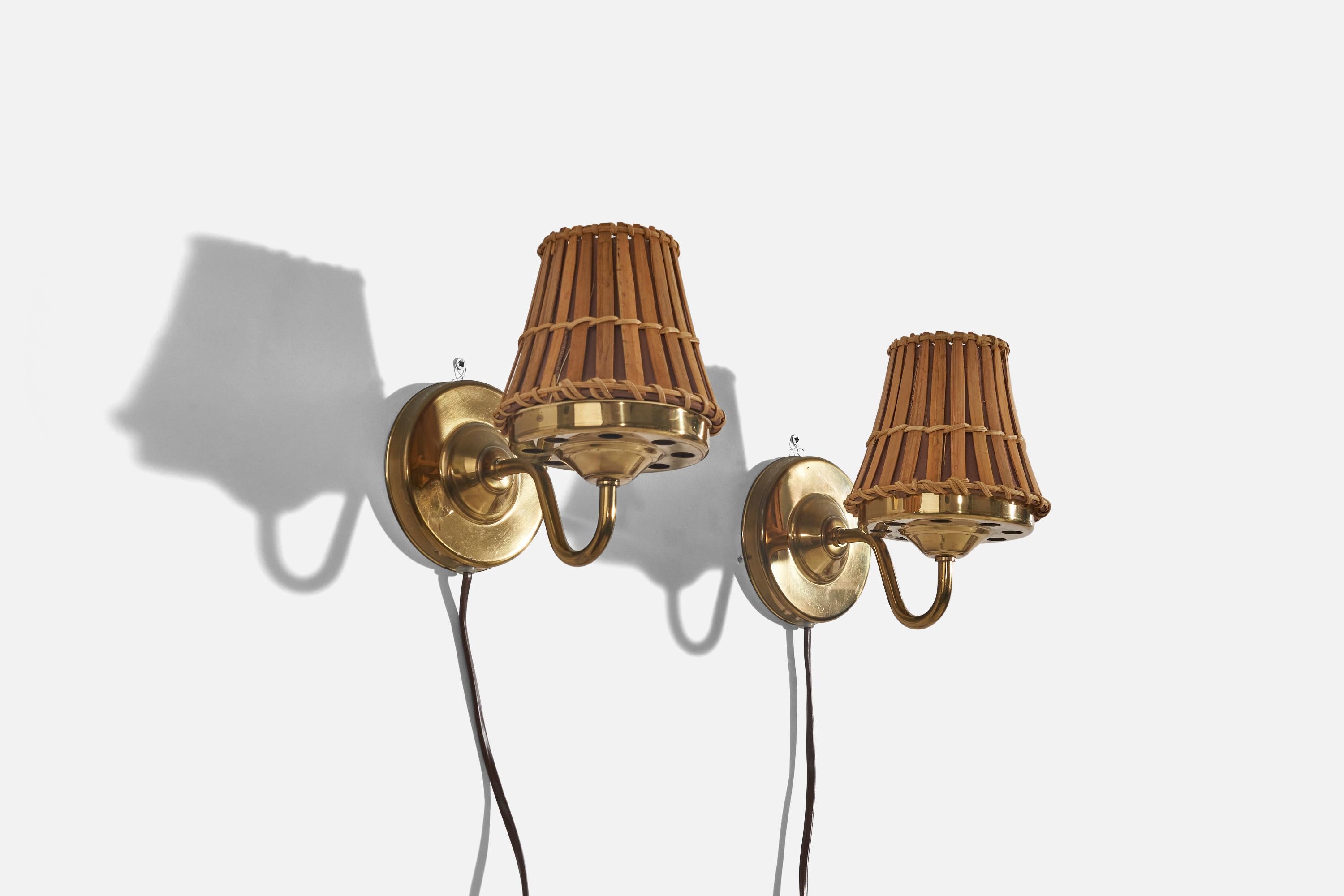 Swedish Designer, Wall Lights, Bamboo, Brass, Sweden, C. 1970s In Good Condition For Sale In High Point, NC