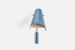 Swedish Designer, Wall Lights, Blue-Lacquered Metal, Brass, Sweden, 1950s