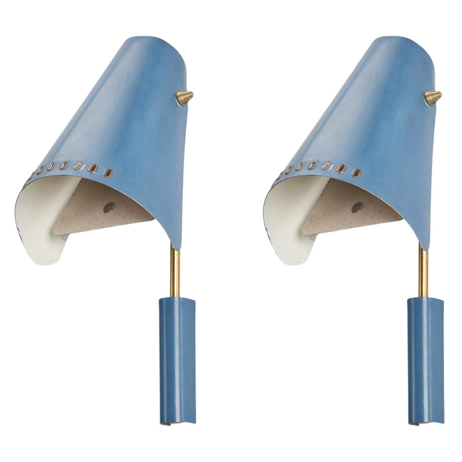 Swedish Designer, Wall Lights, Blue-Lacquered Metal, Brass, Sweden, 1950s