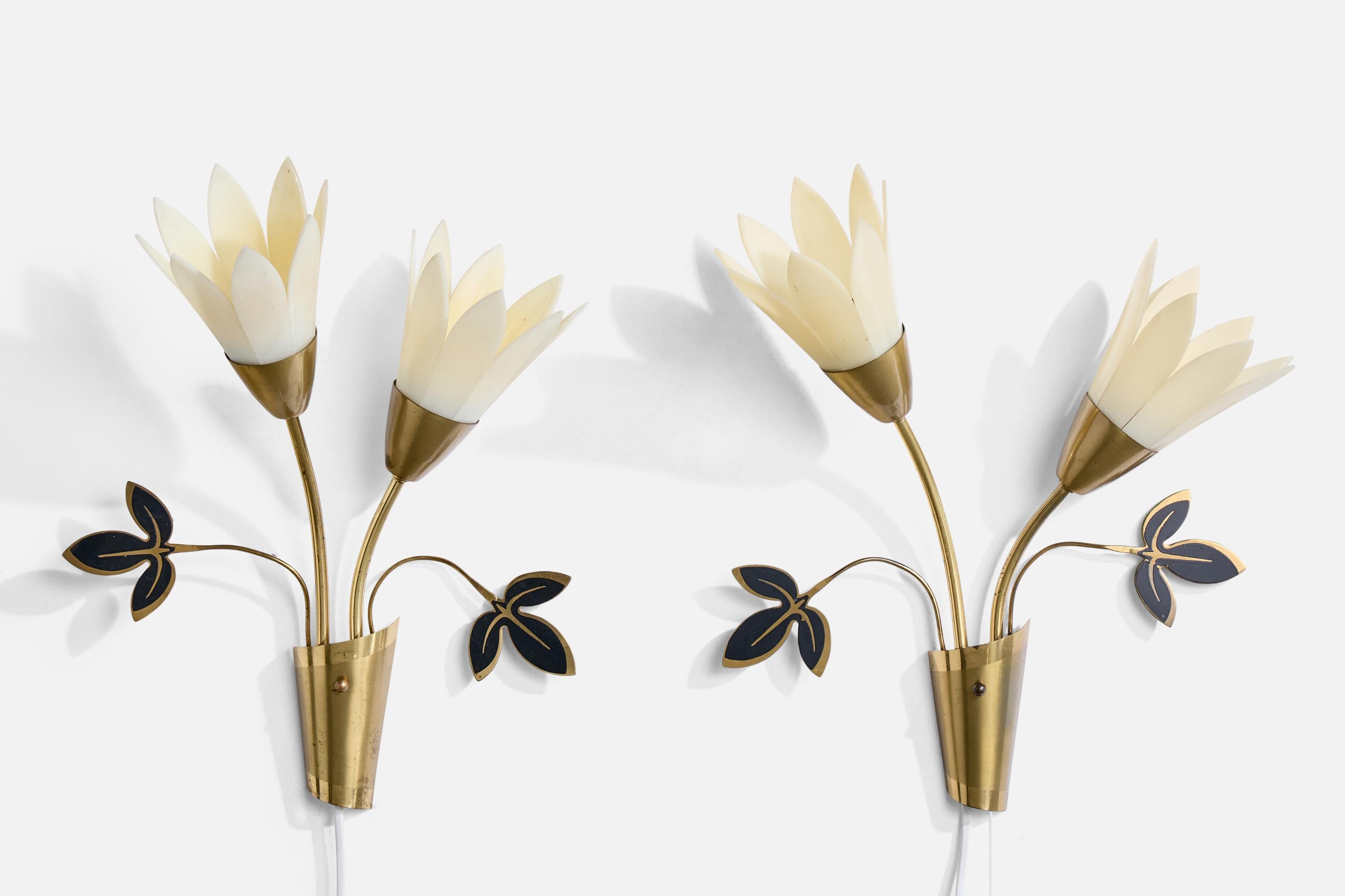 A pair of brass and white acrylic wall lights designed and produced in Sweden, c. 1970s.

Overall Dimensions (Inches): 14.5” H x 14” W x 5“ D

Back Plate Dimensions (Inches): 2.8” H x 2” W

Bulb Specifications: E-26

Number of Sockets (per fixture):