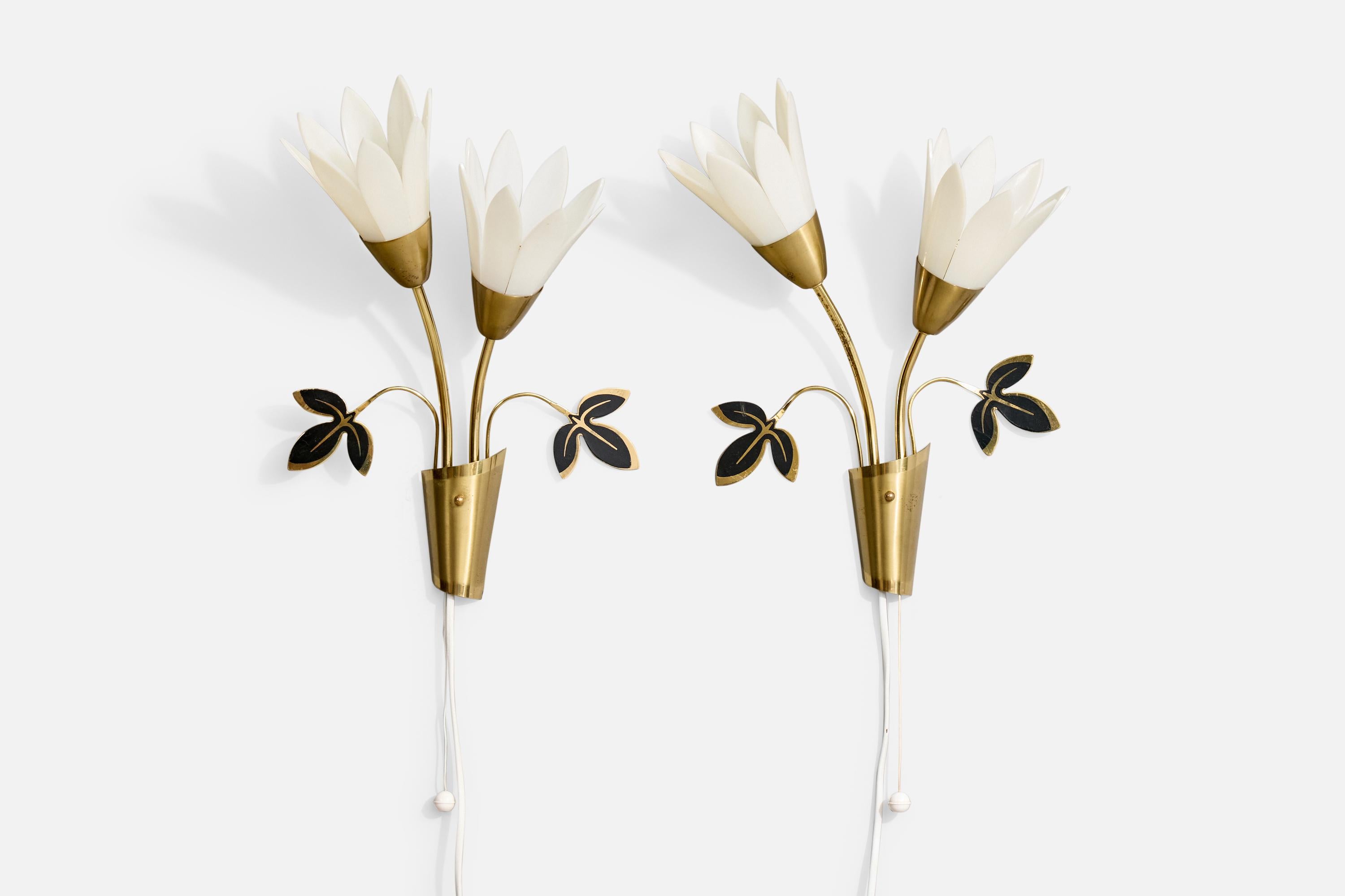 A pair of brass and white acrylic wall lights designed and produced in Sweden, c. 1970s.

Overall Dimensions (Inches): 15.25