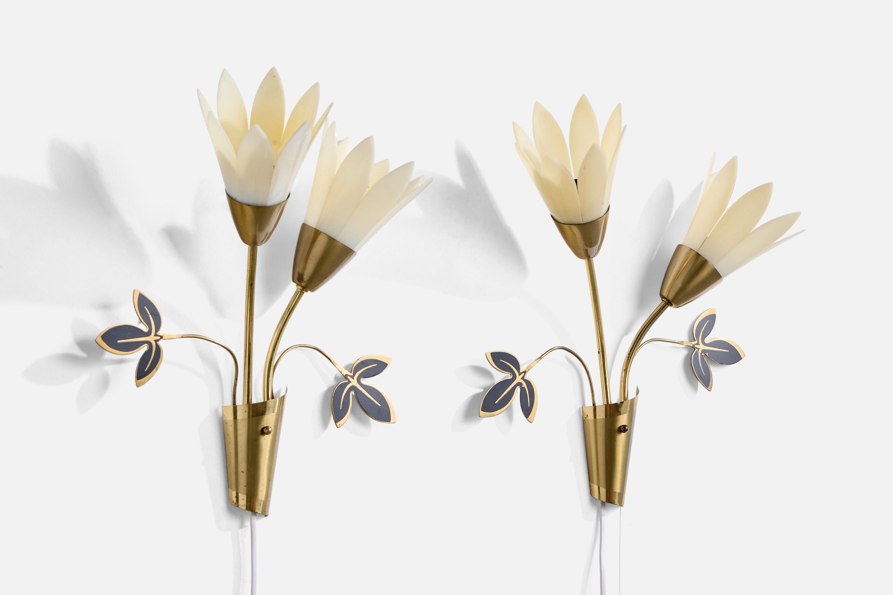 Mid-Century Modern Swedish Designer, Wall Lights, Brass, Acrylic, Sweden, 1970s