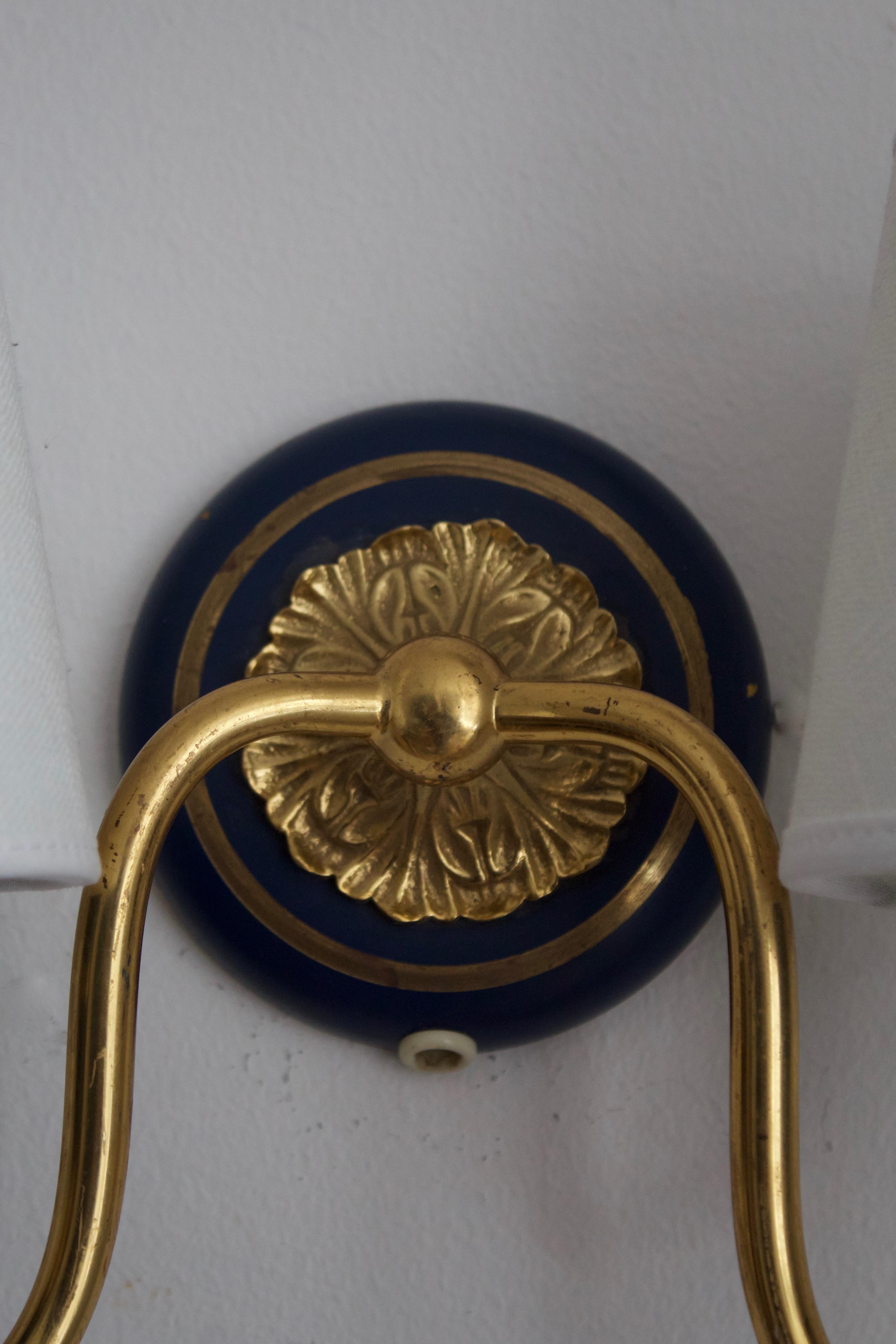 Swedish Designer, Wall Lights, Brass, Blue Lacquered Metal, Fabric, Sweden 1950s In Good Condition In High Point, NC