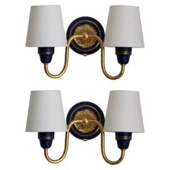 Swedish Designer, Wall Lights, Brass, Blue Lacquered Metal, Fabric, Sweden 1950s