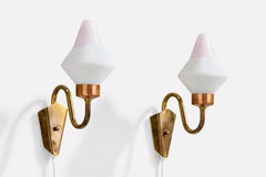 Swedish Designer, Wall Lights, Brass, Copper, Glass, Sweden, 1950s