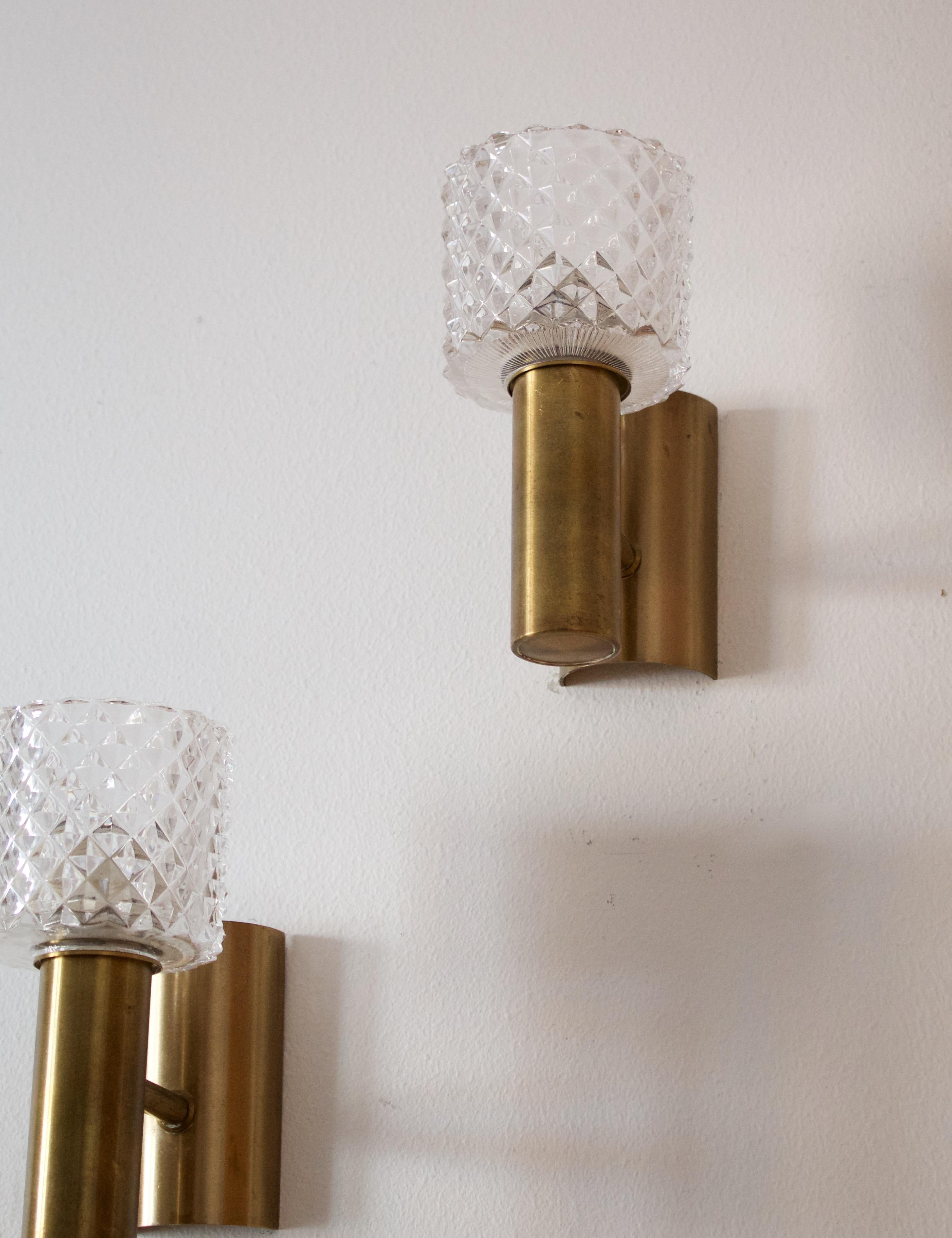 Swedish Designer, Wall Lights, Brass, Cut Glass, Sweden, 1940s In Good Condition In High Point, NC