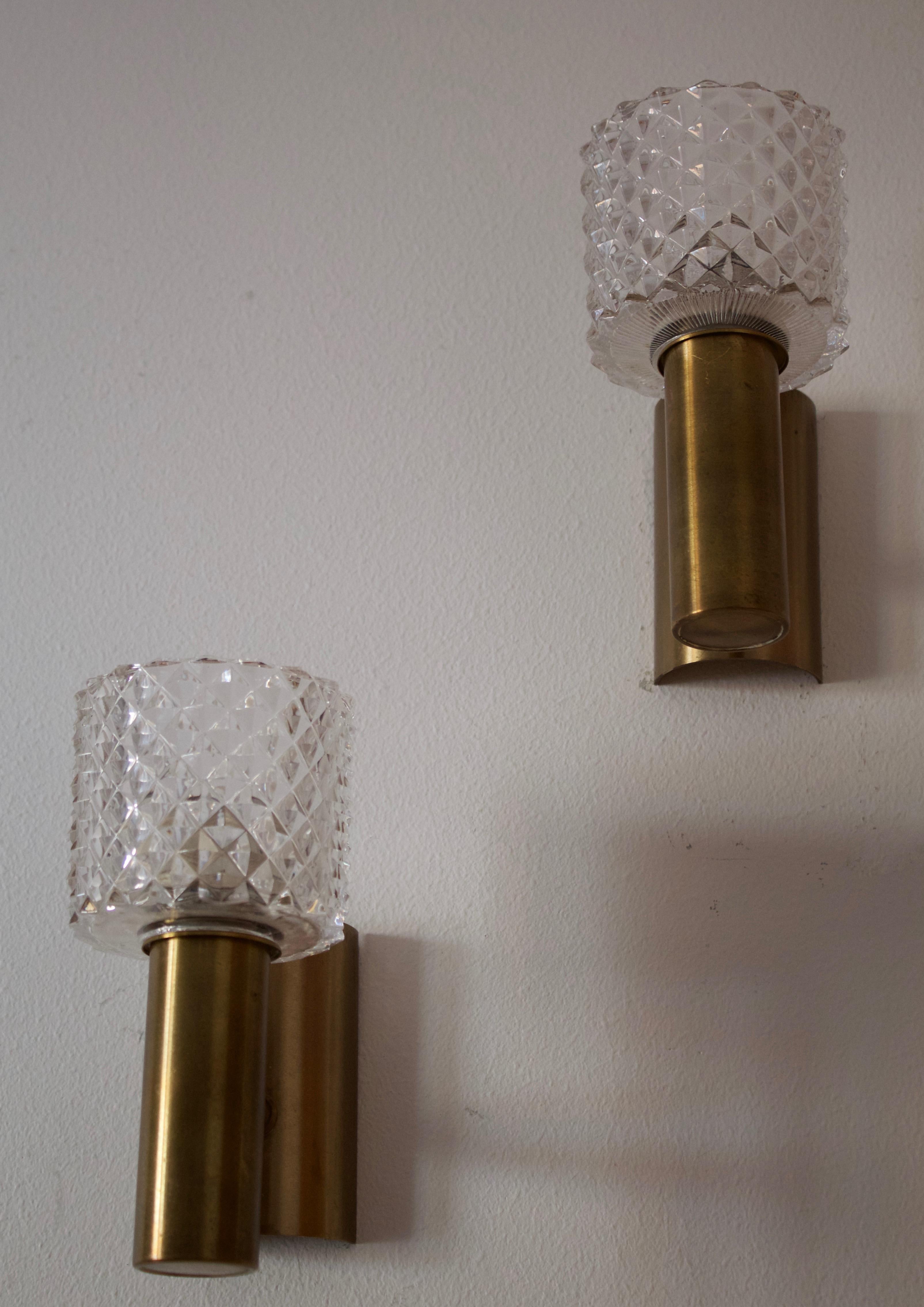 Mid-20th Century Swedish Designer, Wall Lights, Brass, Cut Glass, Sweden, 1940s