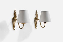 Swedish Designer, Wall Lights, Brass, Fabric, Sweden, 1930s