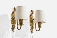 Swedish Designer, Wall Lights, Brass, Fabric, Sweden, 1940s