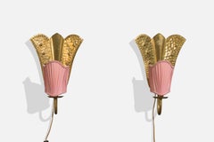 Swedish Designer, Wall Lights, Brass, Fabric, Sweden, 1940s